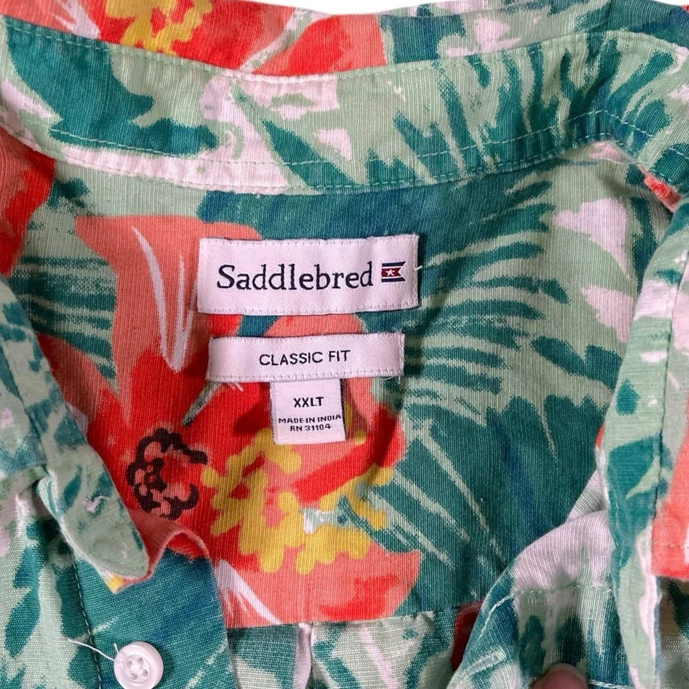 Saddlebred XXLT Green Orange Floral Hawaiian Shirt Cotton Linen Tropical Beach - Picture 6 of 7